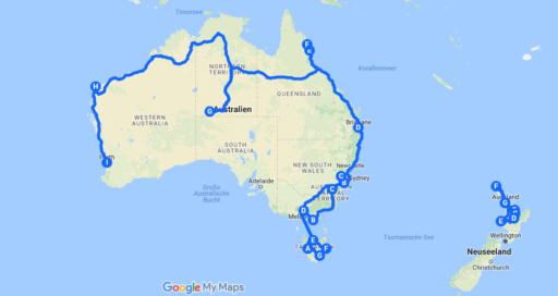 Unsere Route in Australien und Neuseeland 2017
