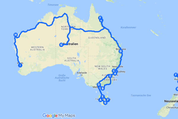 Unsere Route in Australien und Neuseeland 2017