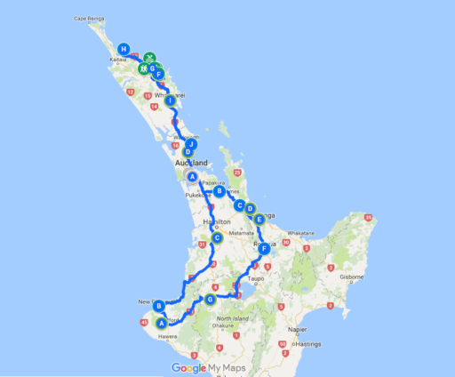 Unsere Route in Neuseeland 2016